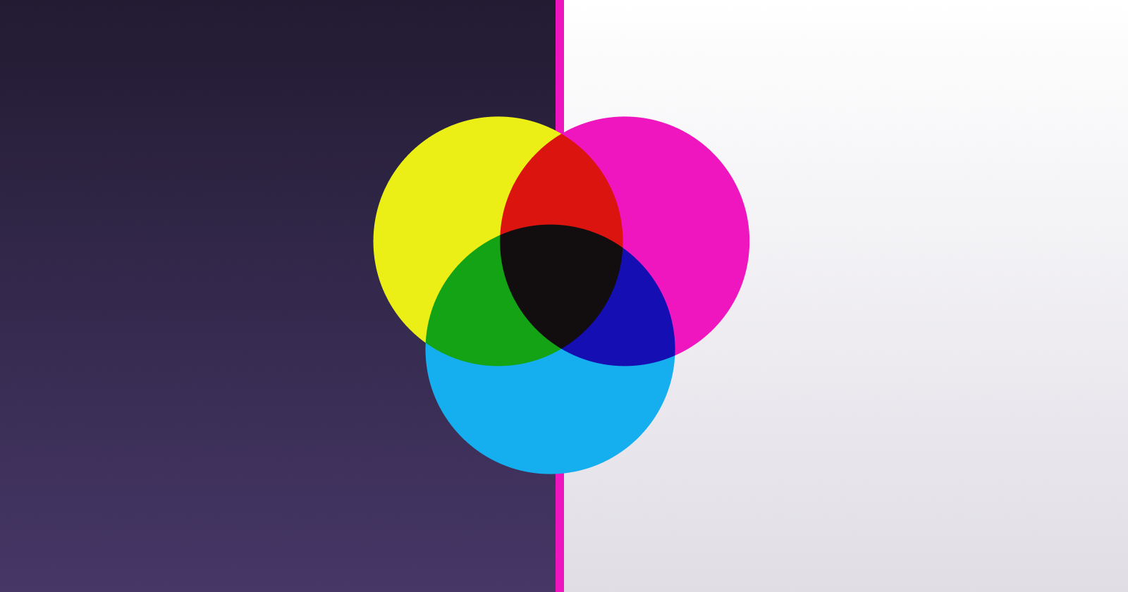 CMYK banner, 3 circles overlaying each other like a Venn diagram (pink, yellow, blue) where centre is nearly black. Background is half dark purple, half white, with a vertical pink line going down the middle between the 2 halves.
