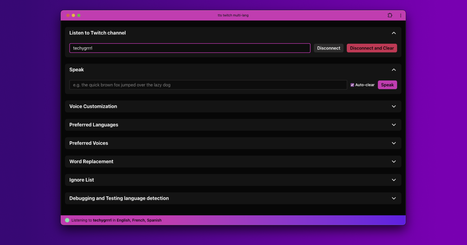 Multilingual TTS app for Twitch screenshot. A dark-themed app with pink accents. Includes form elements for word replacements.